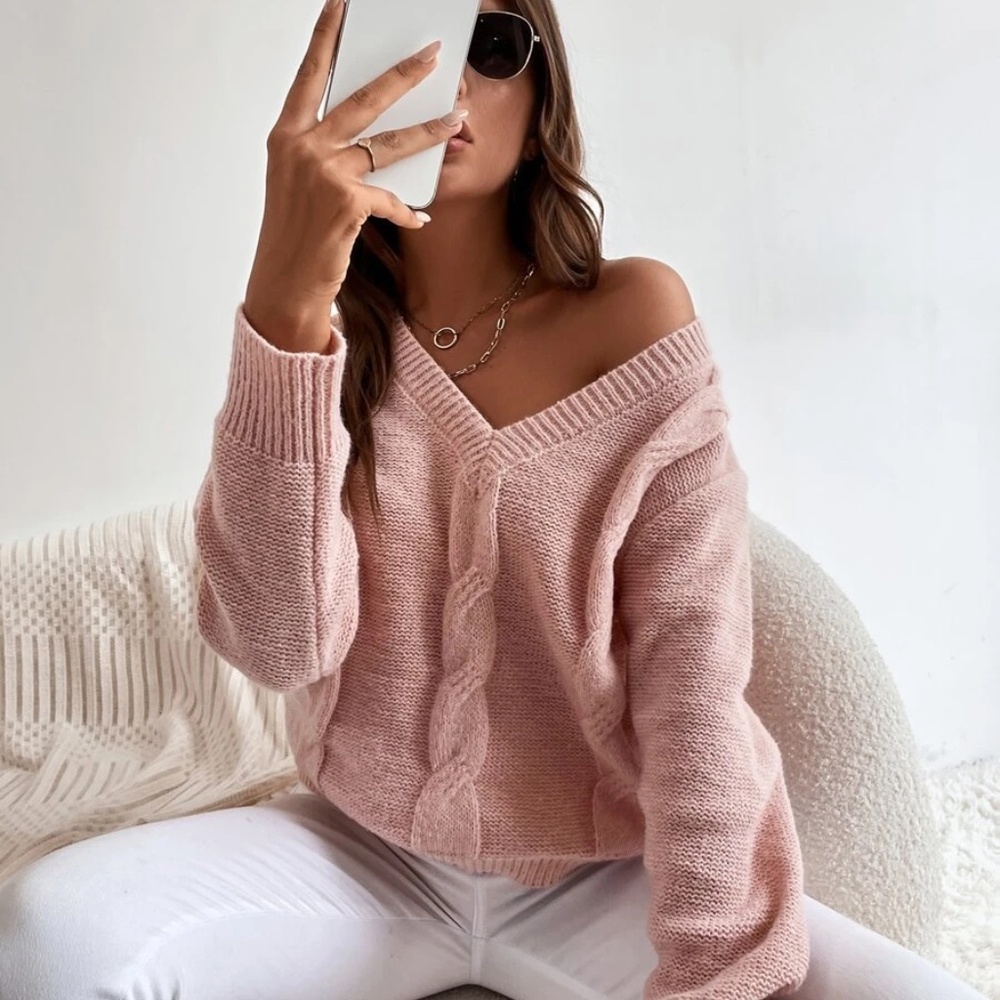 Cozy Pink Cable Knit Oversized Sweater Top